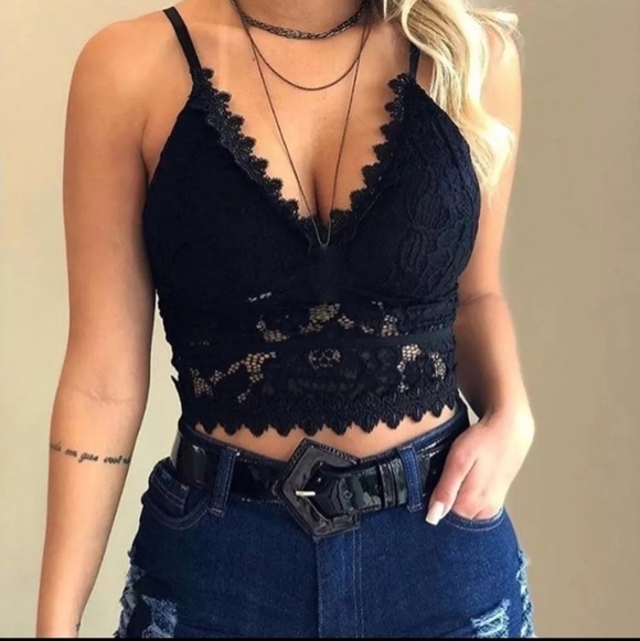 Other - Soft floral stretch lace bralette bra black cami crop NEW!
